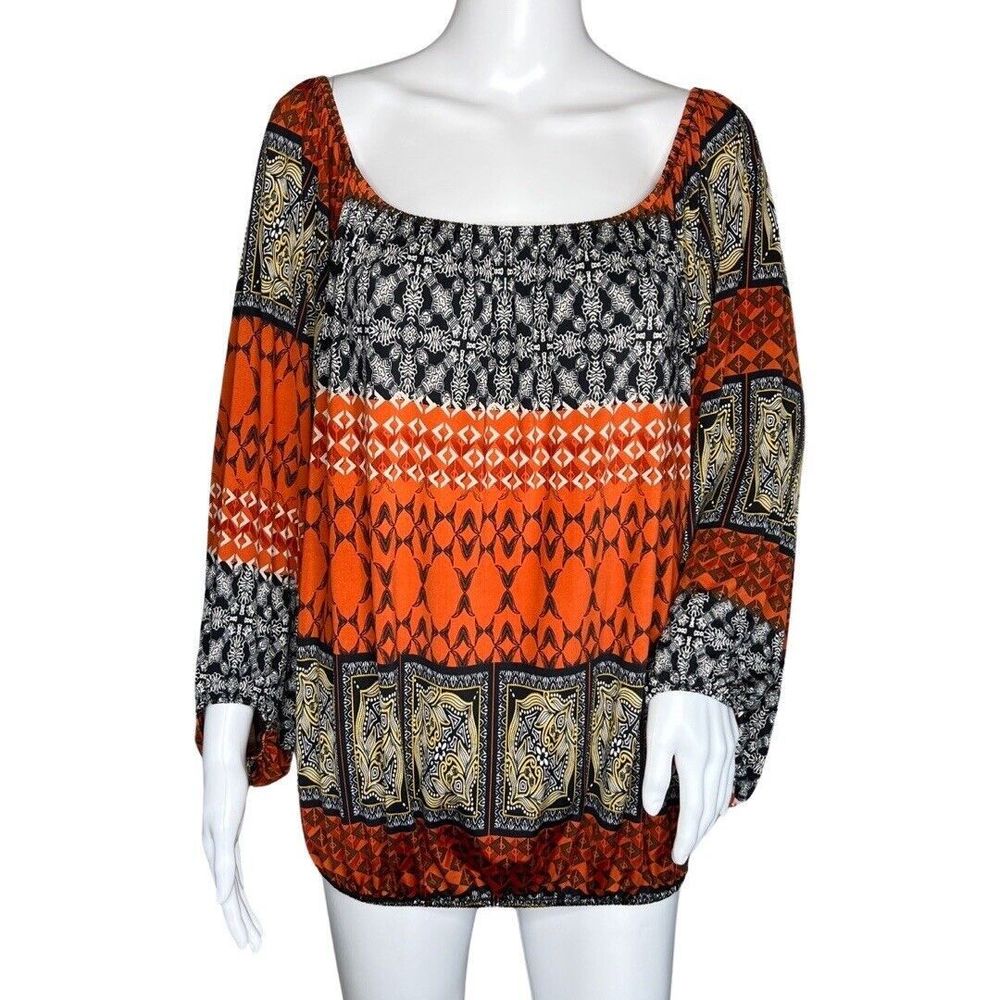 Emma Rose Shirt Womens XL Orange Gray Aztec Stripe‎ Blouse Boho Bohemian Peasant